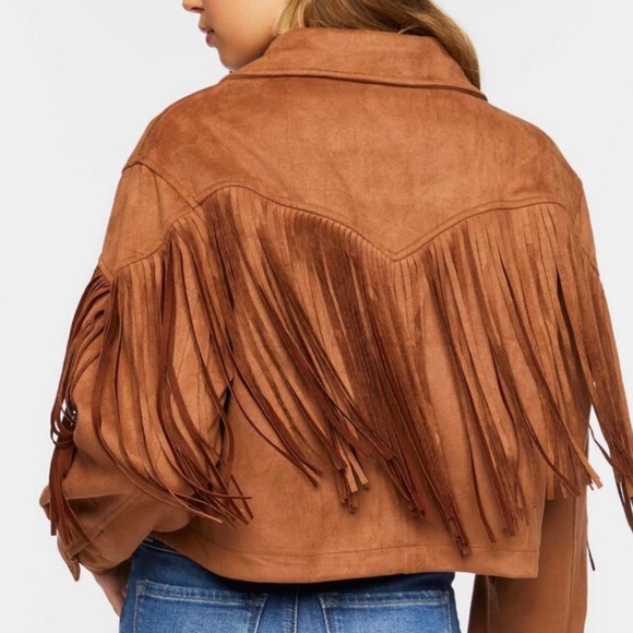 Forever 21 Faux Suede Fringe Trucker Jacket Camel - Picture 4 of 6